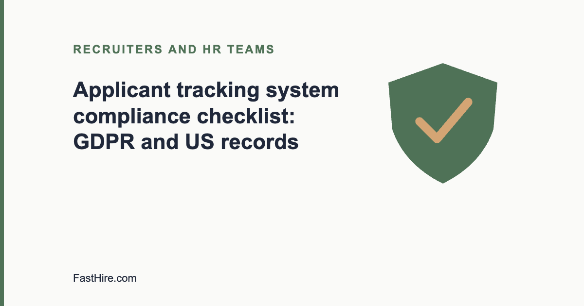 Cover image with the title Applicant tracking system compliance checklist and a shield icon in sage green and sand