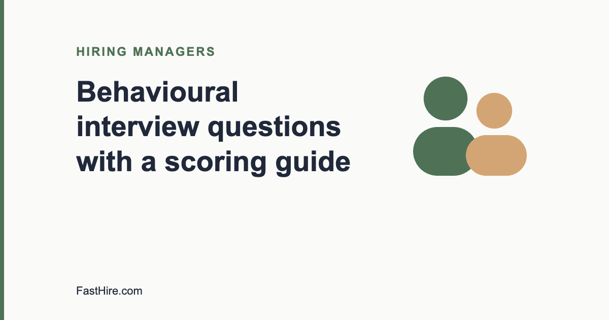 Cover image with the title Behavioural interview questions with a scoring guide and a people icon in sage green and sand