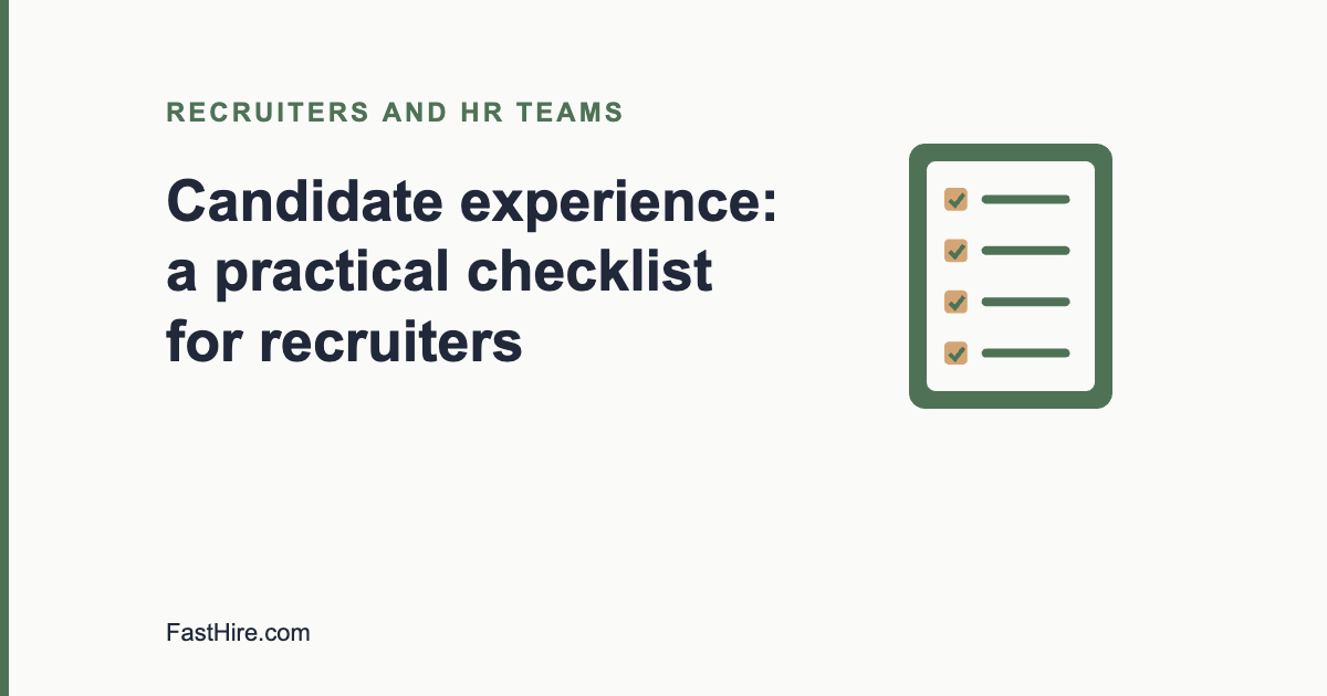 Cover image with the title Candidate experience a practical checklist and a checklist icon in sage green and sand