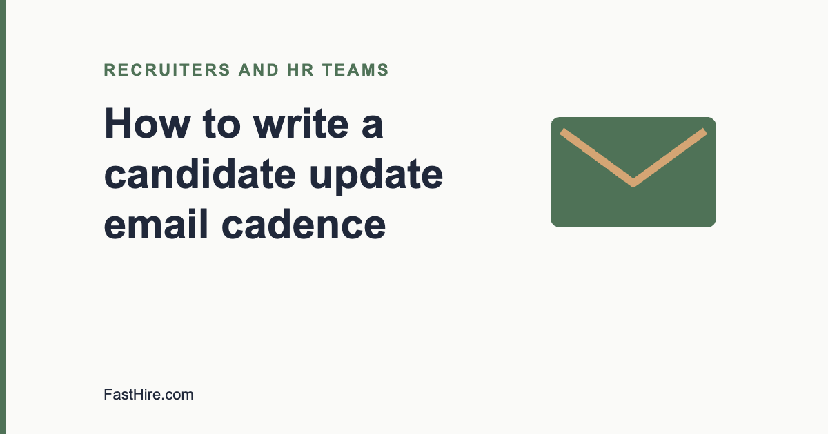Cover image with the title How to write a candidate update email cadence and a mail icon in sage green and sand