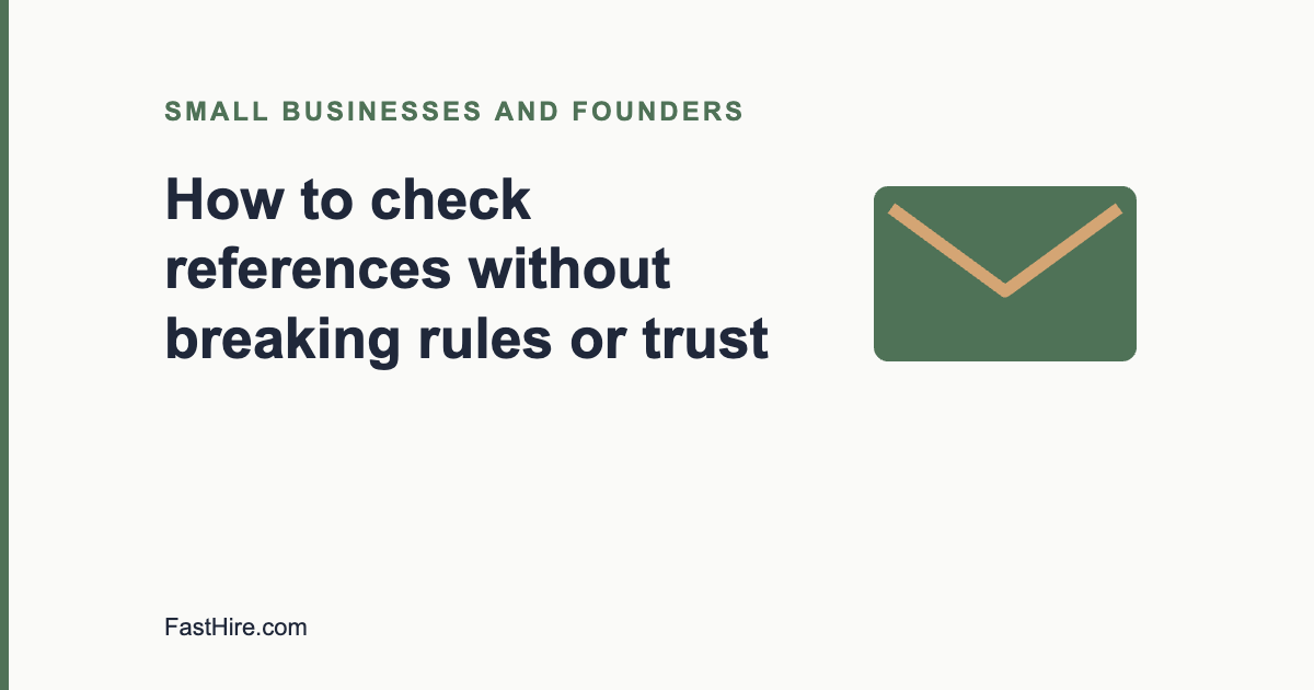 Cover image with the title How to check references without breaking rules or trust and a mail icon in sage green and sand