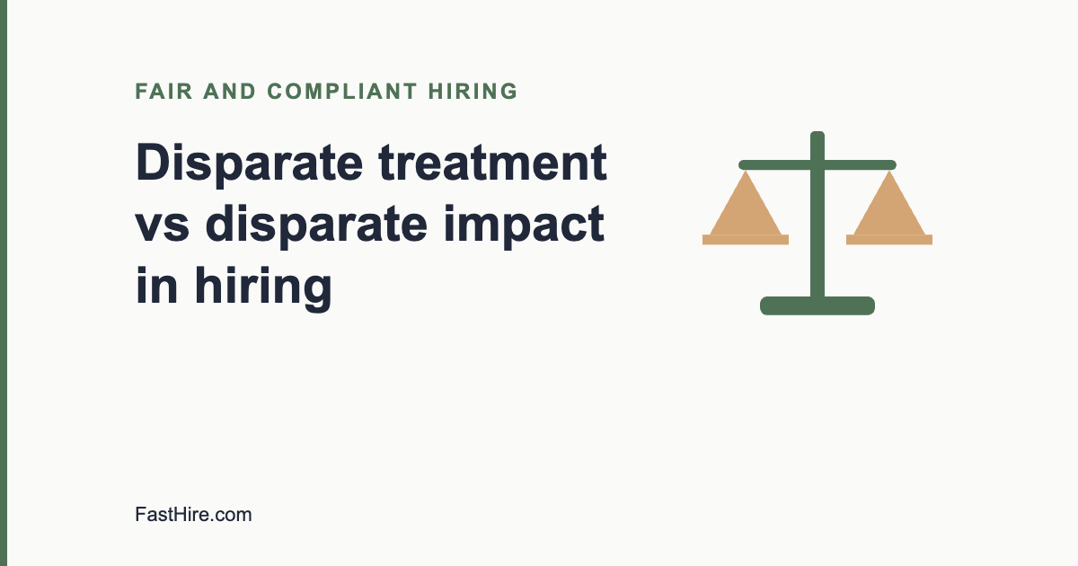 Cover image with the title Disparate treatment vs disparate impact in hiring and a scale icon in sage green and sand