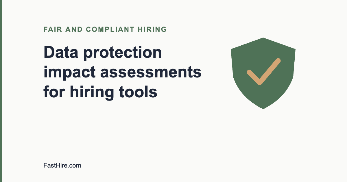 Cover image with the title Data protection impact assessments for hiring tools and a shield icon in sage green and sand