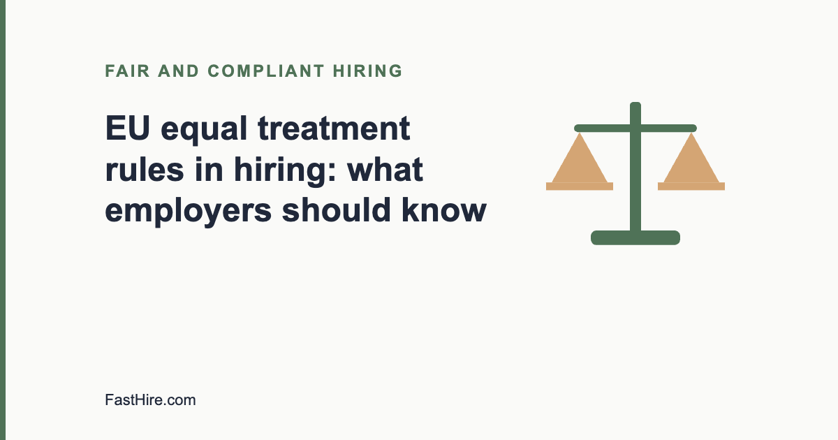 Cover image with the title EU equal treatment rules in hiring and a scale icon in sage green and sand