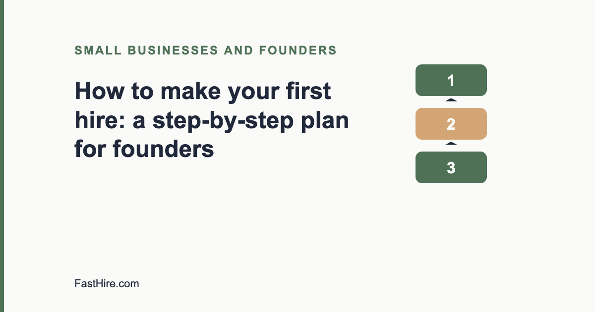 Cover image with the title How to make your first hire and a numbered steps icon in sage green and sand