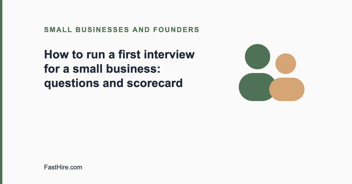 Cover image with the title How to run a first interview for a small business and a people icon in sage green and sand