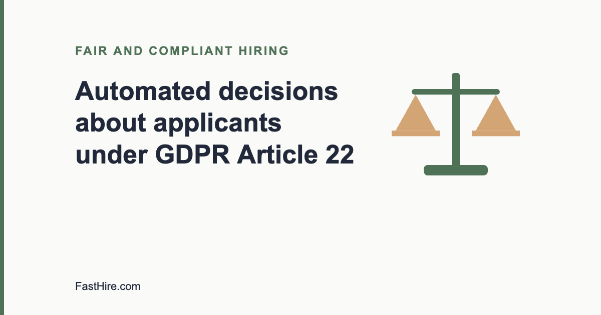 Cover image with the title Automated decisions about applicants under GDPR Article 22 and a scales icon in sage green and sand