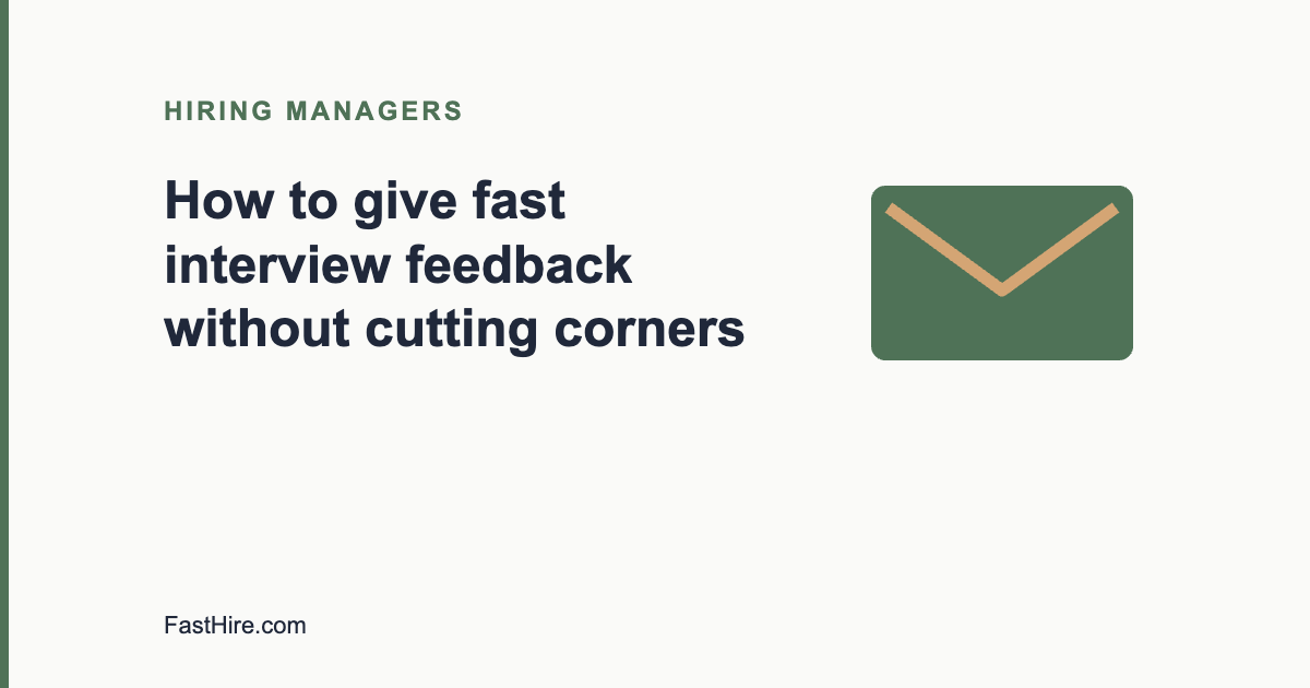 Cover image with the title How to give fast interview feedback and a mail icon in sage green and sand