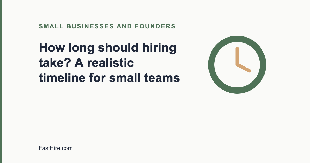 Cover image with the title How long should hiring take and a clock icon in sage green and sand