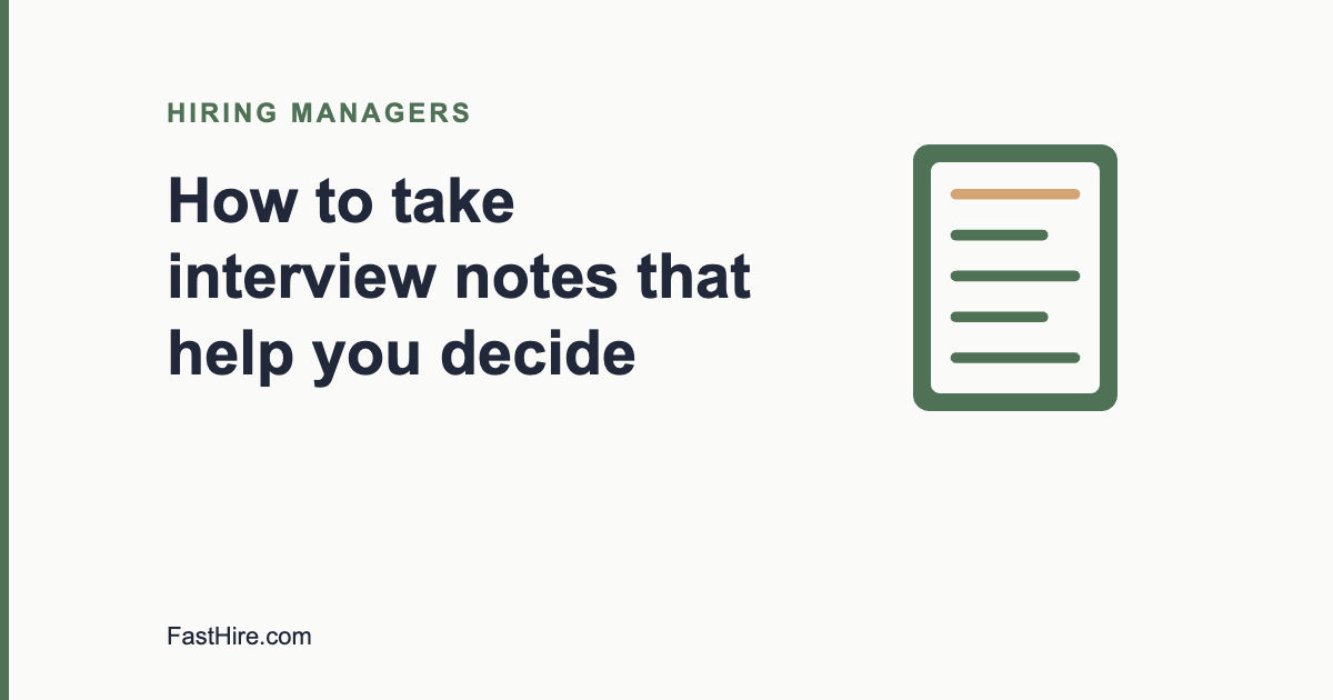 Cover image with the title How to take interview notes that help you decide and a document icon in sage green and sand