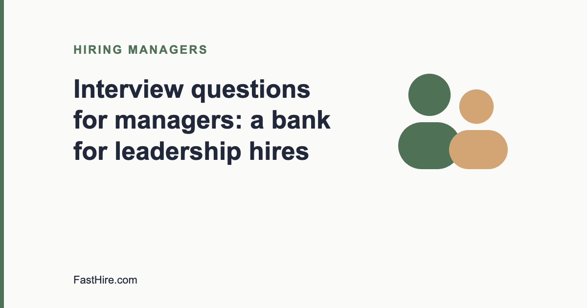 Cover image with the title Interview questions for managers and a people icon in sage green and sand