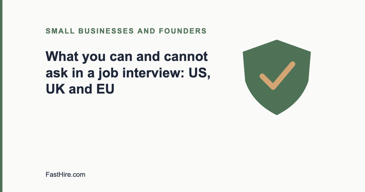 Cover image with the title What you can and cannot ask in a job interview and a shield icon in sage green and sand