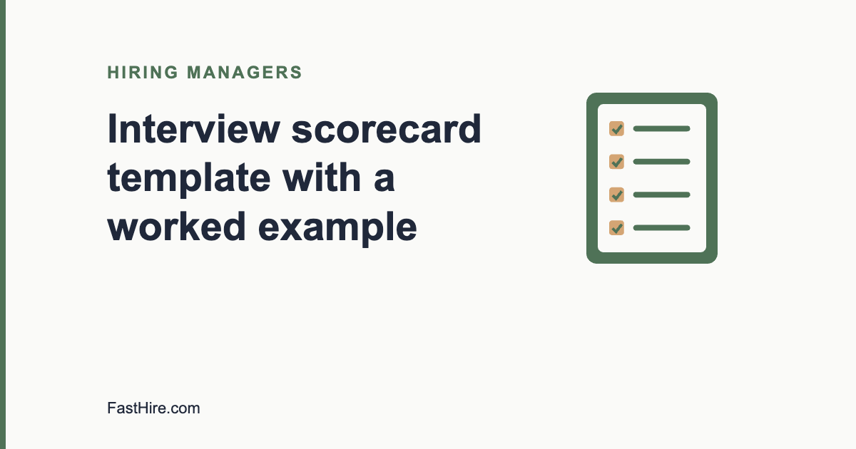 Cover image with the title Interview scorecard template with a worked example and a checklist icon in sage green and sand
