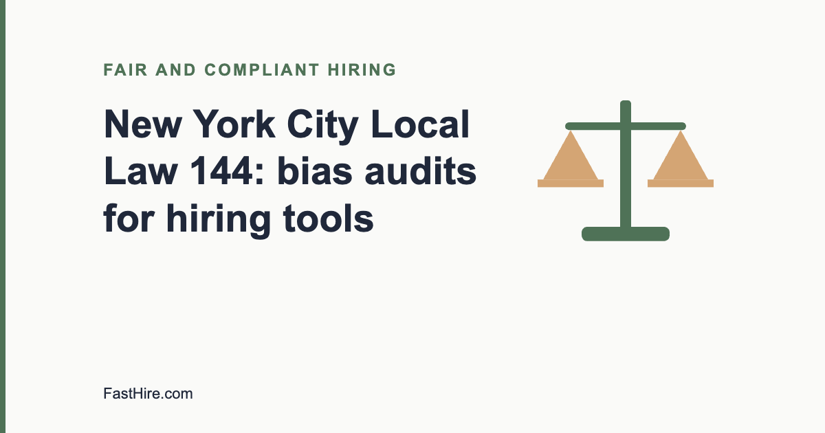 Cover image with the title New York City Local Law 144 and a scales icon in sage green and sand