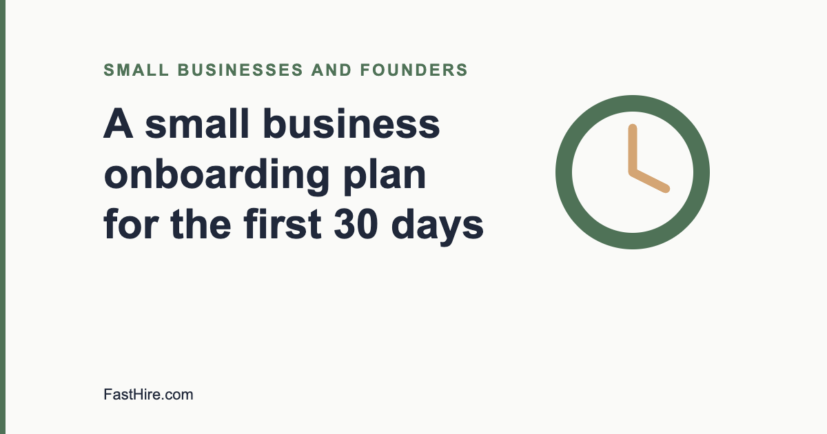 Cover image with the title A small business onboarding plan for the first 30 days and a clock icon in sage green and sand
