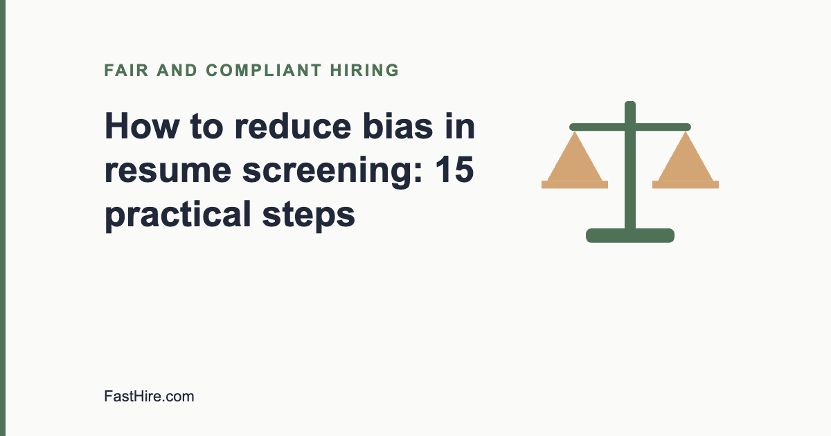 Cover image with the title How to reduce bias in resume screening and a balance scale icon in sage green and sand