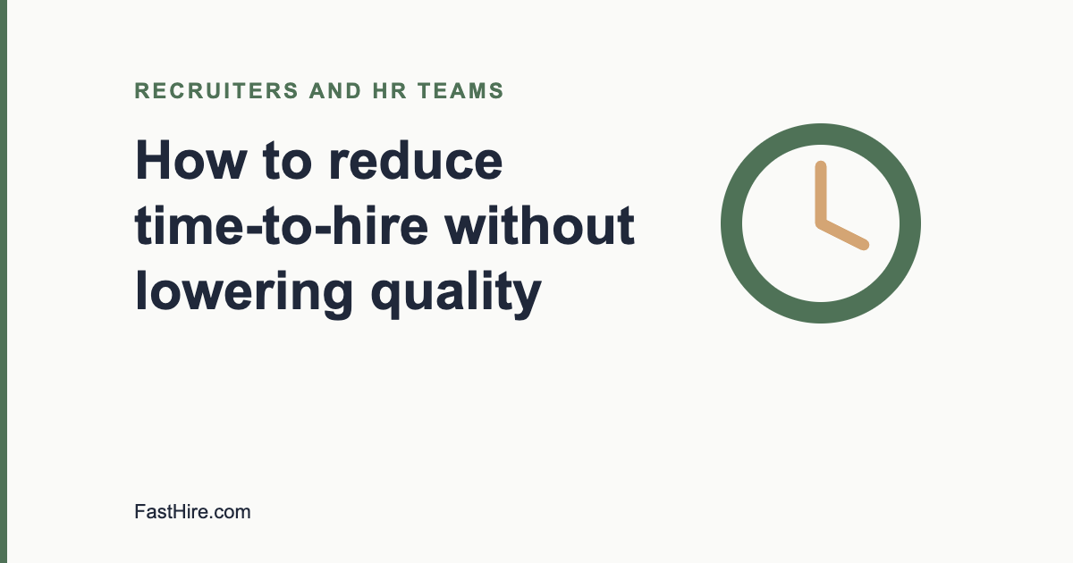 Cover image with the title How to reduce time-to-hire without lowering quality and a clock icon in sage green and sand