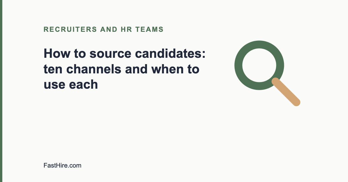 Cover image with the title How to source candidates and a magnifying glass icon in sage green and sand