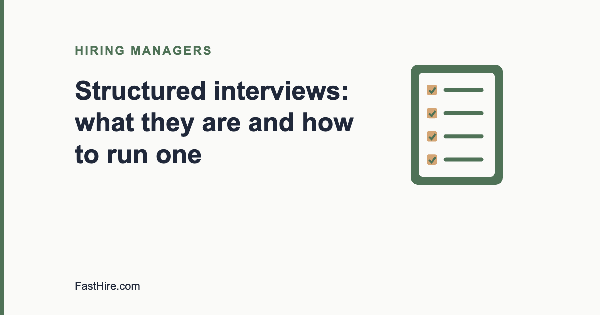 Cover image with the title Structured interviews: what they are and how to run one and a checklist icon in sage green and sand