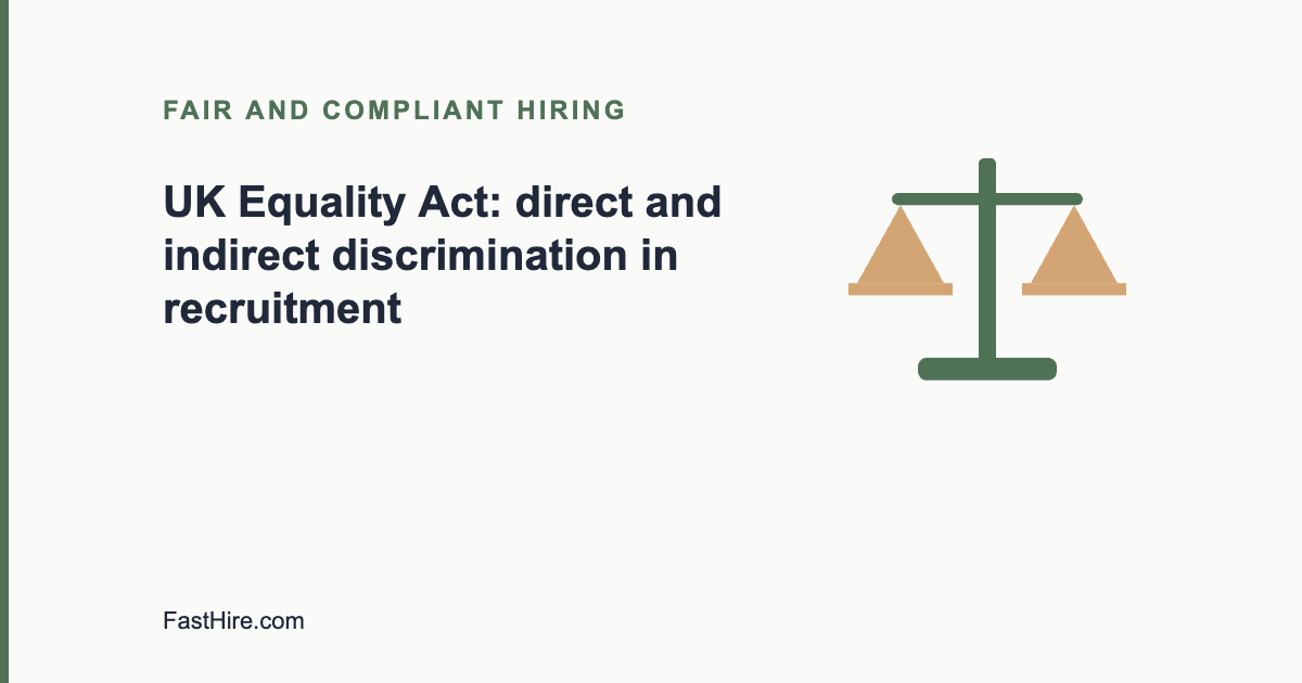 Cover image with the title UK Equality Act direct and indirect discrimination in recruitment and a scale icon in sage green and sand