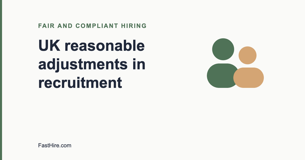 Cover image with the title UK reasonable adjustments in recruitment and a people icon in sage green and sand