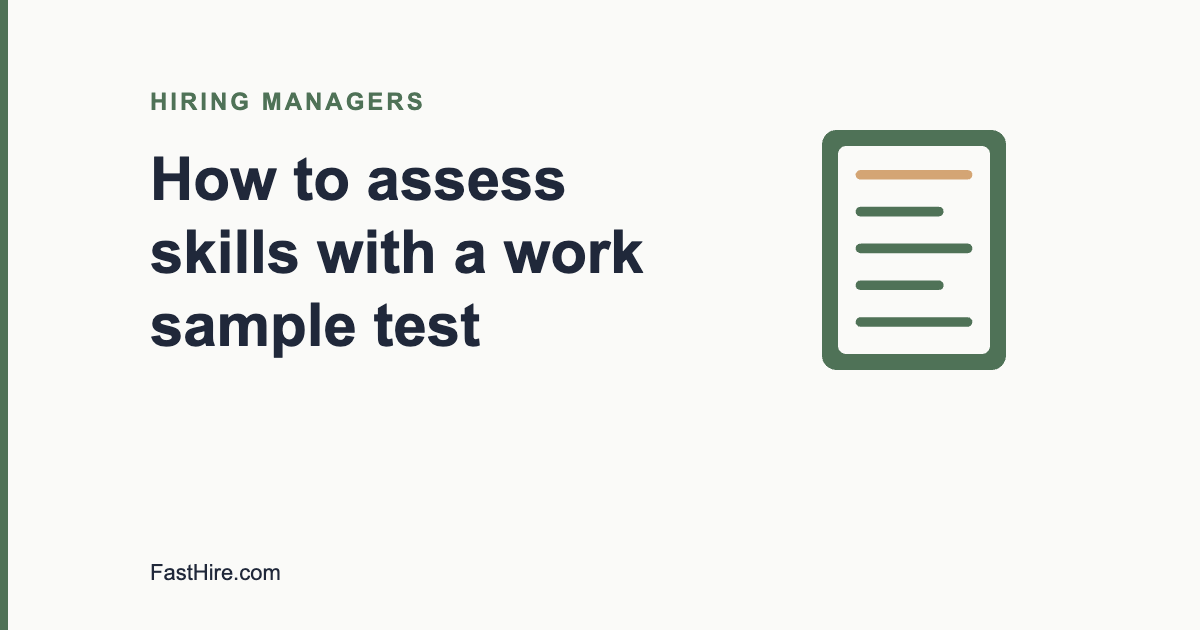 Cover image with the title How to assess skills with a work sample test and a document icon in sage green and sand