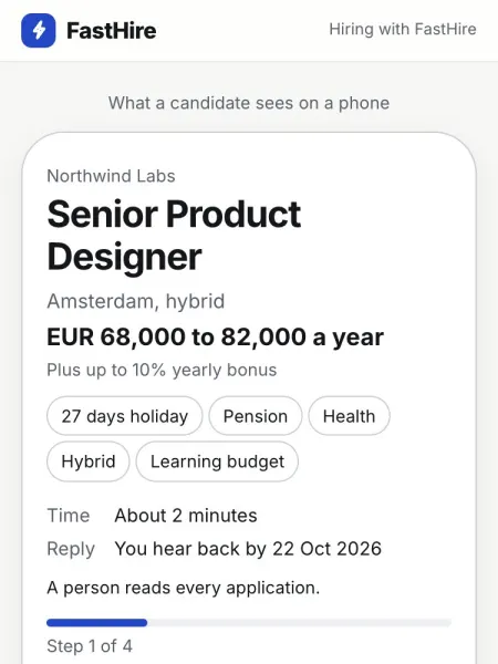 The candidate apply page on a phone for a sample Senior Product Designer job: salary range, benefits, about 2 minutes to apply, a date to hear back by, upload CV button, and the date the application is deleted.