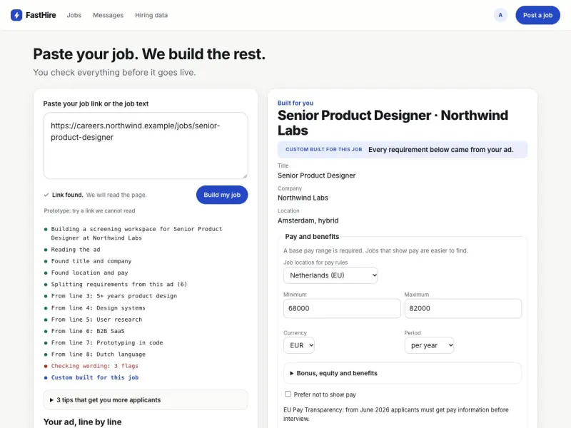 Creating a sample job for a Senior Product Designer: the ad split into numbered lines, each requirement linked to its line, a required pay range of EUR 68,000 to 82,000, three wording flags with suggested fixes, and must-have and nice-to-have lists.