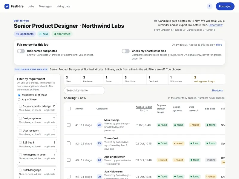 The applicant review table for a sample job with 12 applicants in arrival order, each requirement marked found, related or missing, optional filters by requirement, and a fair review panel to hide names and photos.